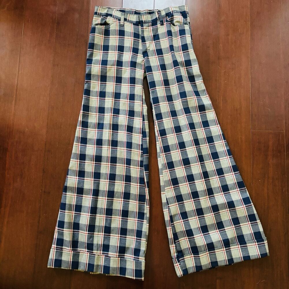 1970s Vintage Male Brand Big Bell Bottom Blue Red Plaid Wide Leg Disco Hippie